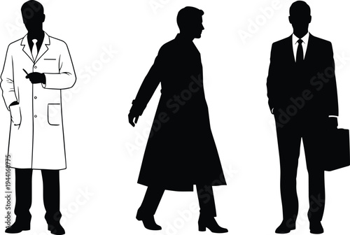 Three professional silhouettes showing doctor with lab coat, detective in motion long coat, business executive with briefcase, diverse occupational roles