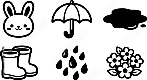 Black and white vector icons of bunny face umbrella rain boots raindrops puddle and flower bouquet simple line art design with playful cute style