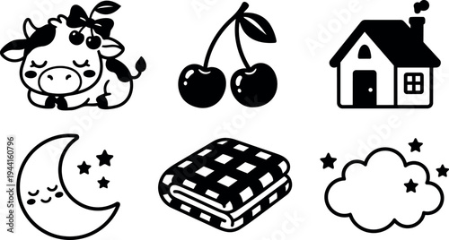 Cute sleeping cow with bow cherry fruits house moon stars blanket cloud night vector icons black and white set