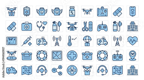 Medical Drone Delivery Icons Set for Healthcare Logistics and Emergency Services featuring Ambulance Hospital First Aid Blood Transport Telemedicine GPS Tracking Pharmacy and Medical Equipment