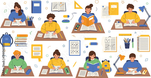 Students Studying and Learning in Classroom Illustration Set with School Kids Reading Writing Books Study Desk Education Elements and Academic Activities Vector Collection
