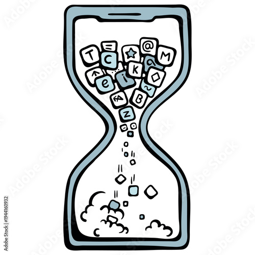 Wasting time social media and procrastination phone icon. Smartphone in hourglass shape with apps falling like sand. Hand drawn doodle style.