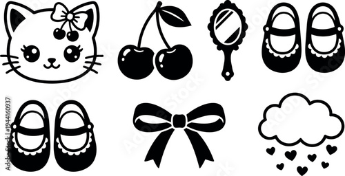 Cute cat face with cherry bow black silhouette flat design simple baby shoes hand mirror ribbon bow cloud with hearts
