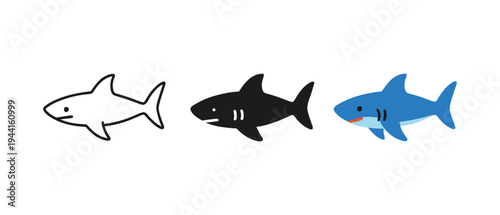 Monochrome and colorful shark icons in minimalistic style