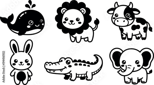 Cute smiling whale lion cow bunny crocodile and elephant black and white cartoon animal characters vector art set