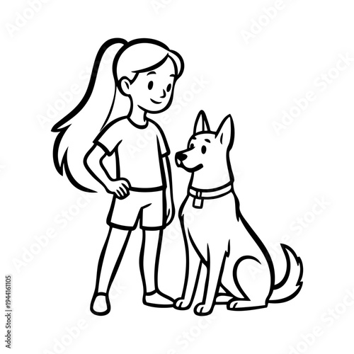 Dibujo sencillo con líneas de una niña feliz de pie, con ropa informal, con un perro sentado 