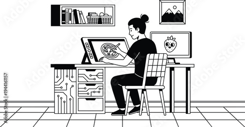 Professional digital artist working at a modern creative workspace with a pen display tablet, secondary monitor, and high-tech desk design.