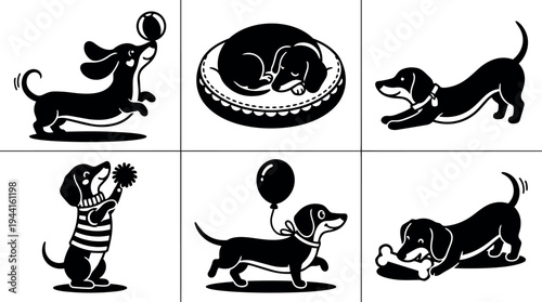 Black and white flat design dachshund dog playing with ball stretching sleeping on cushion with balloon and chewing bone vector icons set