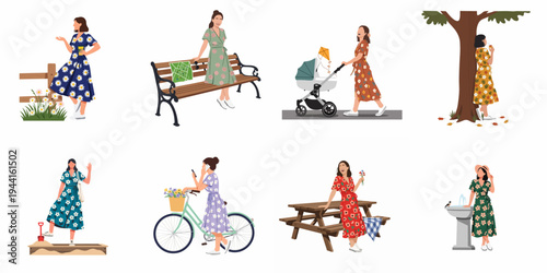 Collection of Flat Vector Illustrations Featuring Young Women in Floral Dresses Enjoying Various Outdoor Activities in the Park and Garden