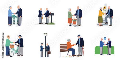 Set of vector illustrations showing elderly men and women greeting each other with handshakes in various everyday outdoor and neighborhood scenes.