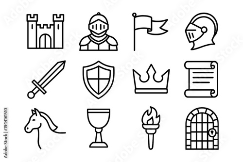 Medieval icon collection: knights, castles, and symbols in linear design