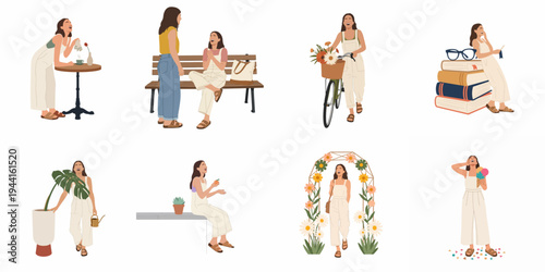 Collection of flat illustrations depicting a young woman enjoying various daily life activities and moments of joy and relaxation.