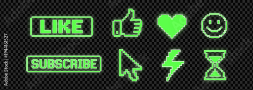 Pixel art social media icons set with like, subscribe, heart, cursor, smiley, lightning and hourglass glowing UI elements.