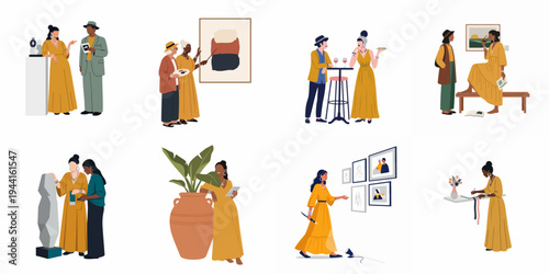 Collection of flat vector illustrations depicting diverse individuals at an art exhibition, engaging with paintings, sculptures, and social events in a modern gallery setting.