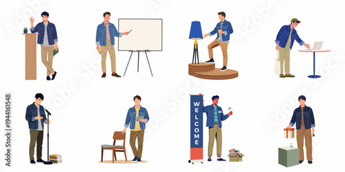Set of a young male character in various professional and daily life poses like presenting, working on a laptop, and welcoming guests.