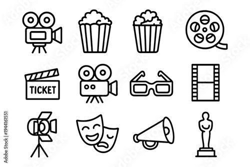 Linear cinema icons set: movie camera, popcorn, film reel, clapperboard, 3d glasses, award