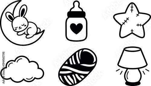 Cute sleeping bunny on crescent moon with baby bottle star cloud swaddle and glowing lamp vector set