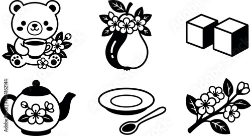 Cute smiling bear holding cup with flowers decorative pear with blossoms sugar cubes teapot plate spoon and floral branch vector icons in black and white