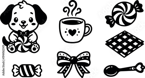 Cute puppy holding striped candy bow tie heart shaped cup spoon and checkered napkin black and white vector art