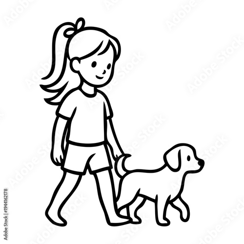 Dibujo sencillo con líneas de una niña feliz de pie, con ropa informal, andando con un cachorro de perro 