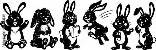 Black and white cartoon style six expressive rabbits showing different emotions actions and holding objects in playful poses