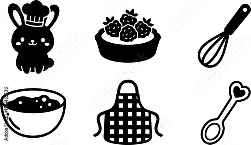 Cute bunny with chef hat and kitchen utensils including whisk bowl apron and heart spoon vector icons