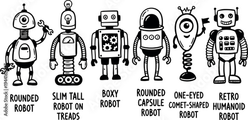 Black and white hand drawn retro humanoid boxy slim tall rounded capsule one eyed comet shaped robots in line art style