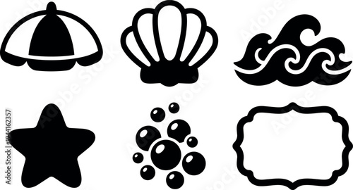 Black silhouette icons of umbrella shell waves star bubbles and decorative frame isolated on white background