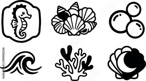 Minimalist black and white sea creature and ocean elements icon set with seahorse shells coral pearls wave vector art