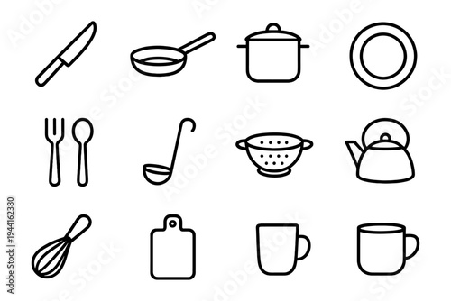 Minimalist kitchen utensils in simple black outline design