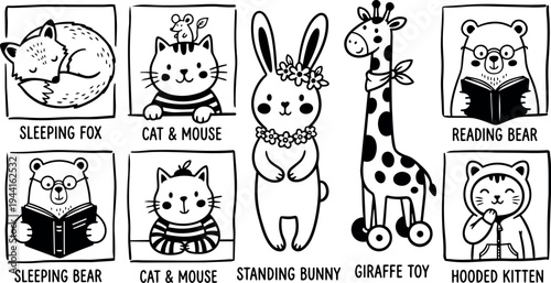 Cute hand drawn black and white cartoon animals sleeping fox cat with mouse standing bunny giraffe toy reading bear hooded kitten illustrations