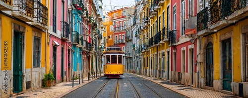 Lisbon tram street with colorful buildings, sharp urban detail
