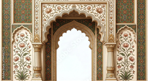 An ornate mughal style arched frame with floral motifs and detailed patterns on transparent background high-quality professional