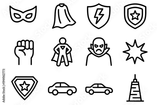 Superhero icons collection with masks, capes, and vehicles in linear style