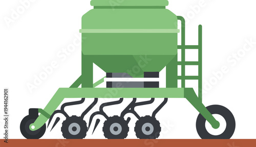 Agricultural seed drill machine vector illustration featuring farming equipment crop planting technology and modern agriculture machinery