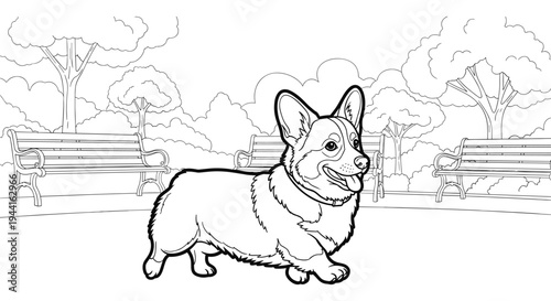 Corgi Dog In Park Coloring Page