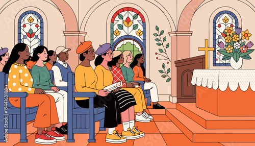 Flat vector illustration of a diverse congregation at an Easter Sunday church service, stained glass windows, and an altar with spring flowers and a golden cross. Banner with copy space.