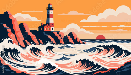 Minimal flat vector of a red and white lighthouse on rocky cliffs at sunset with crashing waves and a vibrant evening sky. Coastal travel poster background with copy space.