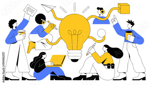 Flat vector illustration of idea generation with a glowing lightbulb over a brainstorming team. Concept of innovative thinking, creative process, strategy, solution and teamwork.