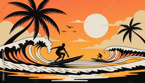 Minimal flat vector of surfers riding waves at a tropical beach sunset with palm tree silhouettes and orange yellow sky. Summer vacation poster background with copy space
