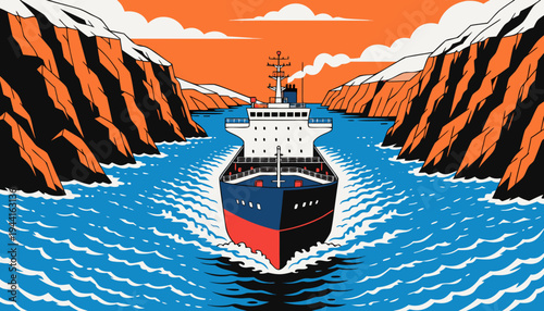Oil tanker ship sailing through a narrow sea strait between rocky cliffs at sunrise. Concept of global oil transport, maritime chokepoint, energy security, trade route risk.