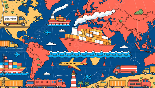 Panoramic flat vector world map grid with shipping routes, cargo ships, freight trains and delivery trucks. Global logistics and international trade concept for infographic and banner