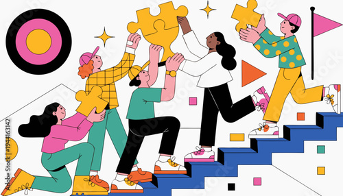 Flat vector illustration of diverse teammates assembling a golden trophy jigsaw on stairs toward a target and flag. Business success, motivation, teamwork and goal achievement concept.