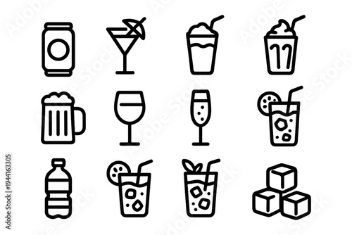 Minimalist beverage icons set featuring diverse drinks and refreshments