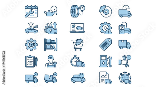Automotive Repair Service Icons Set for Car Maintenance, Vehicle Diagnostics, Logistics Shipping, Delivery Truck, Garage Tools, Engine Parts, Tire Pressure, Oil Change, Global Transport, and Fleet
