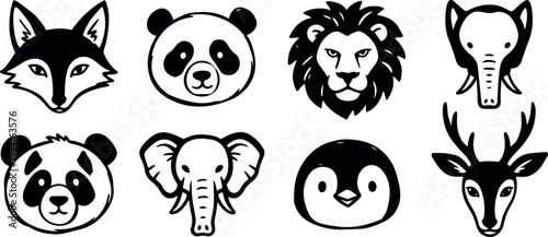Black and white vector animal face icons including fox panda lion elephant penguin and deer front view simple linear style