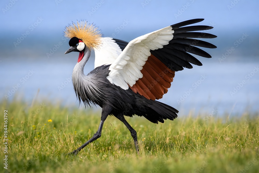Fototapeta premium Grey crowned crane displaying majestic wingspan while walking through grassy wetland field under bright sunlight