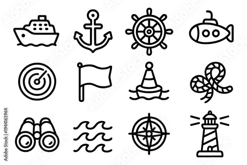 Nautical icon set: linear sea symbols featuring boat, anchor, lighthouse, and more