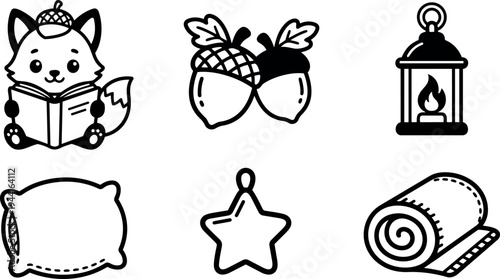 Cute fox reading book wearing acorn hat acorns with leaves cozy pillow star shaped ornament rolled blanket simple black line art vector icons set