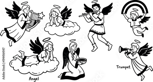 Black and white vector art of seven angels playing instruments and resting on clouds in simple line style with halos and wings